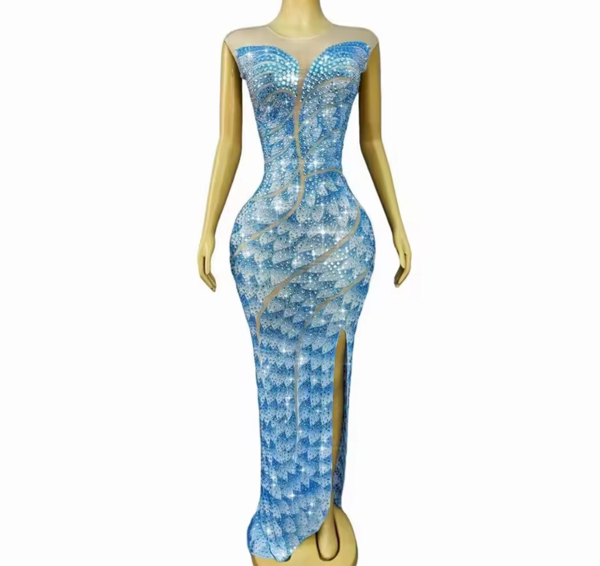 Blue Printed Rhinestone Sexy Side Split Maxi Dress