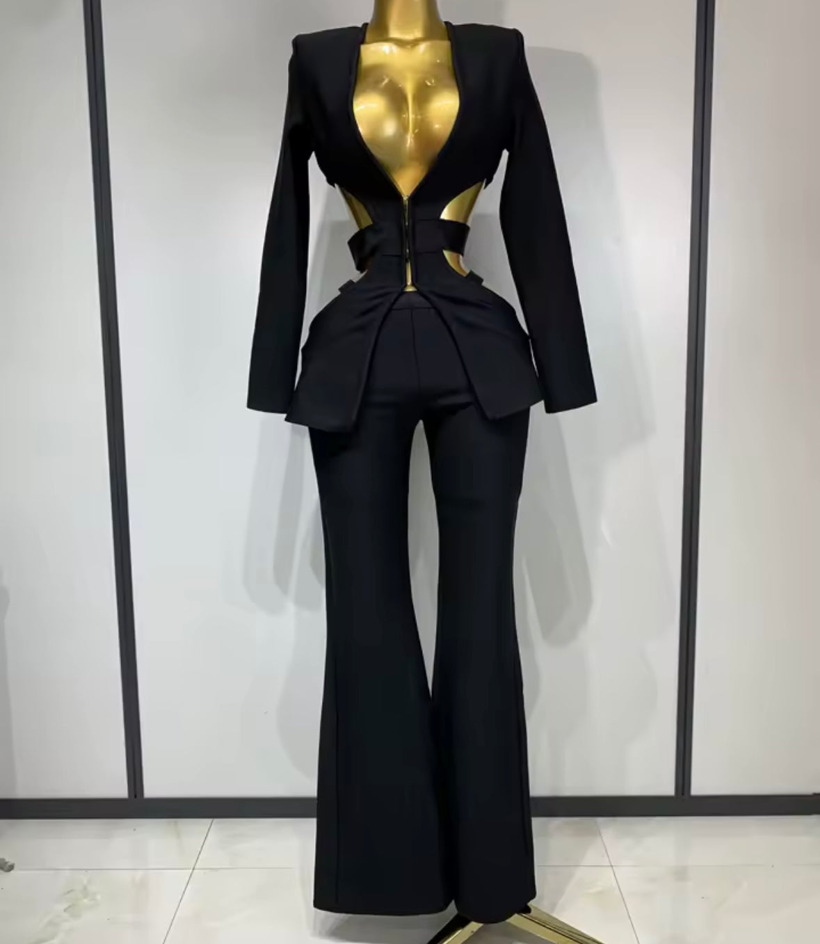 Black Sexy Hollow Out Full Sleeve Blazer Pant Set