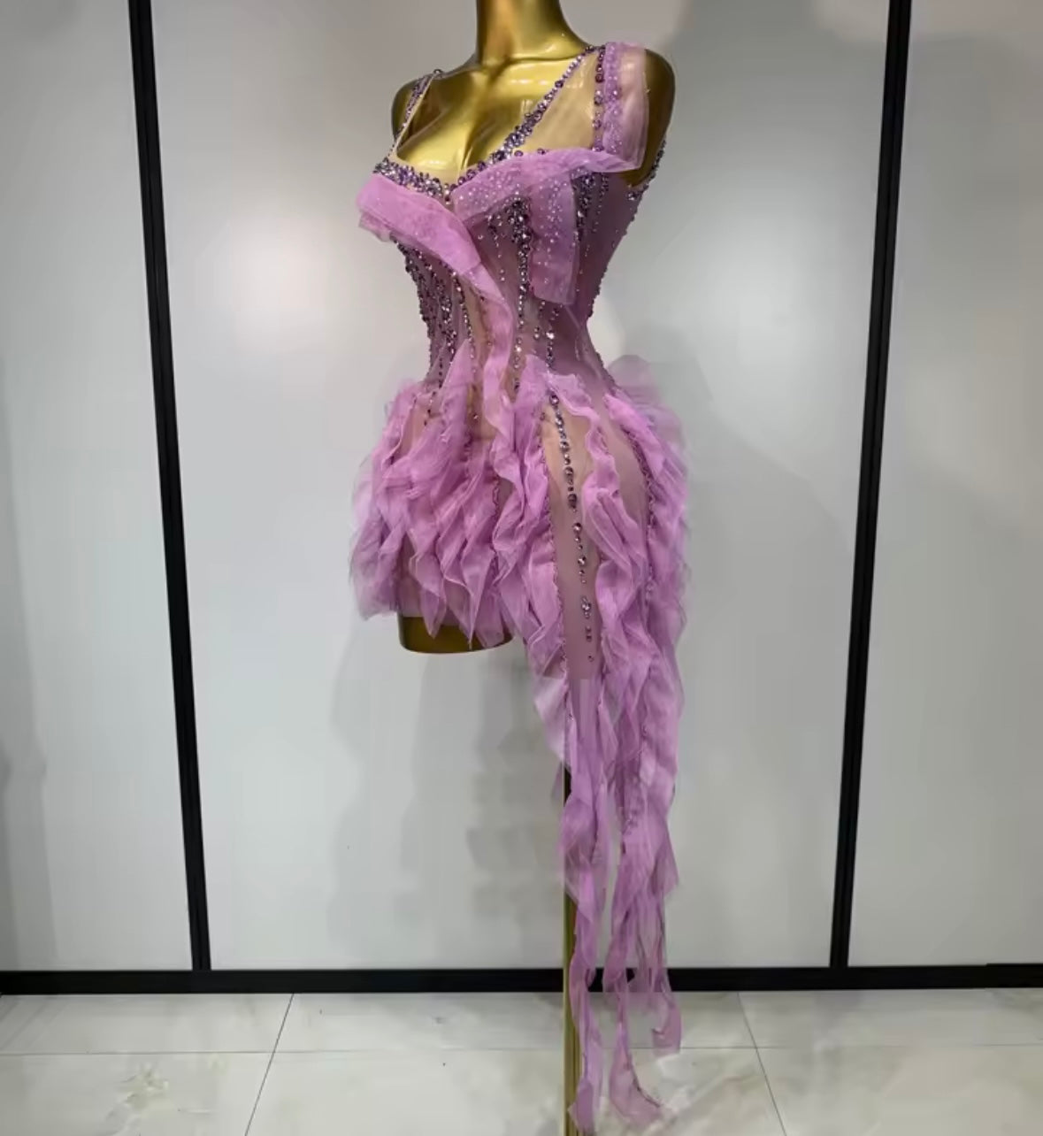 Sexy Sleeveless Lavender Ruffle Rhinestone Tassel Dress