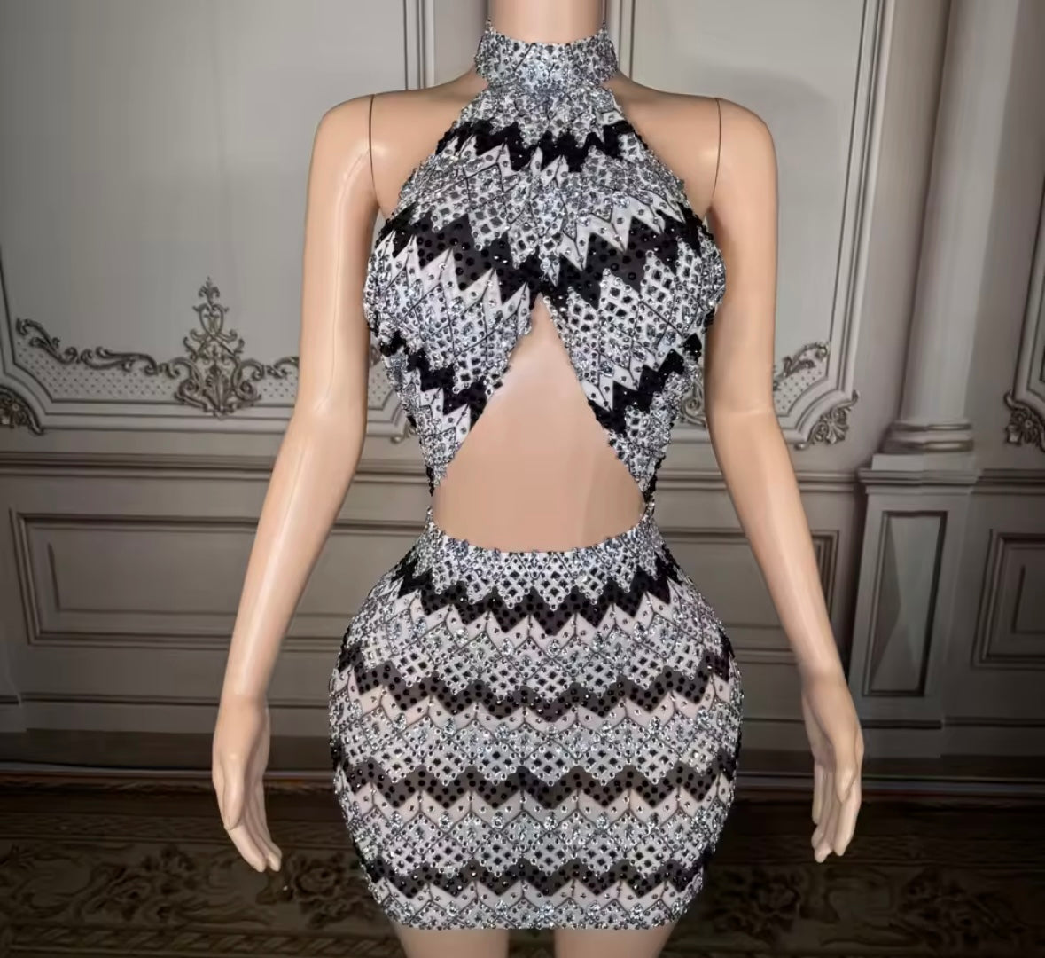 Sexy Halter Sleeveless Rhinestone Striped Short Dress
