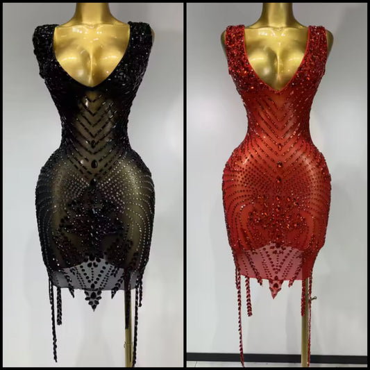 Sexy Sleeveless Beaded Crystal Tassel Dress