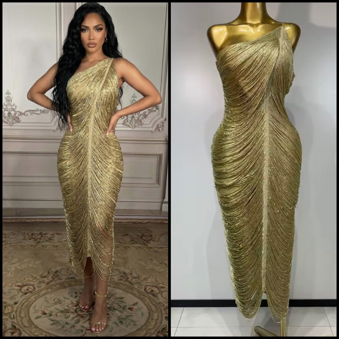 Sexy One Shoulder Gold Fringe Maxi Dress