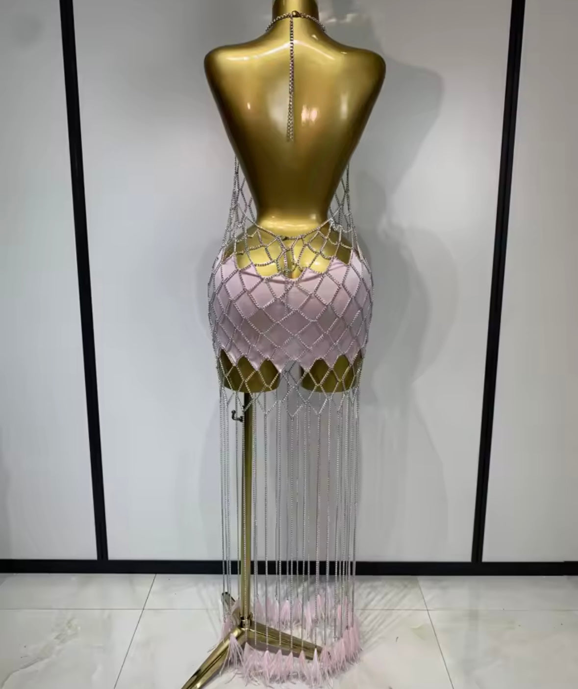 Sexy Pink Halter Sleeveless See Through Chain Tassel Dress