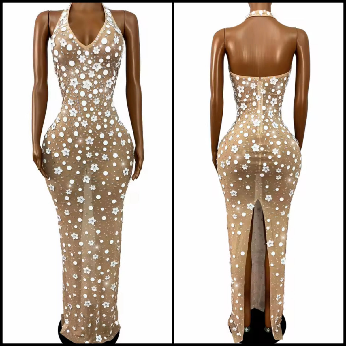 Sexy Halter Sleeveless Floral Rhinestone See Through Maxi Dress