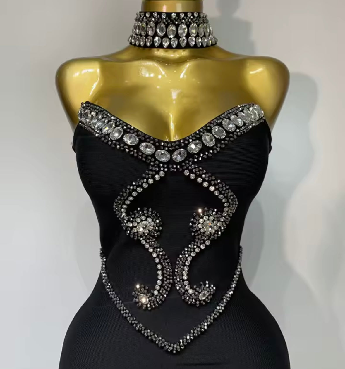 Beaded Rhinestone Choker Strapless Elegant Maxi Dress