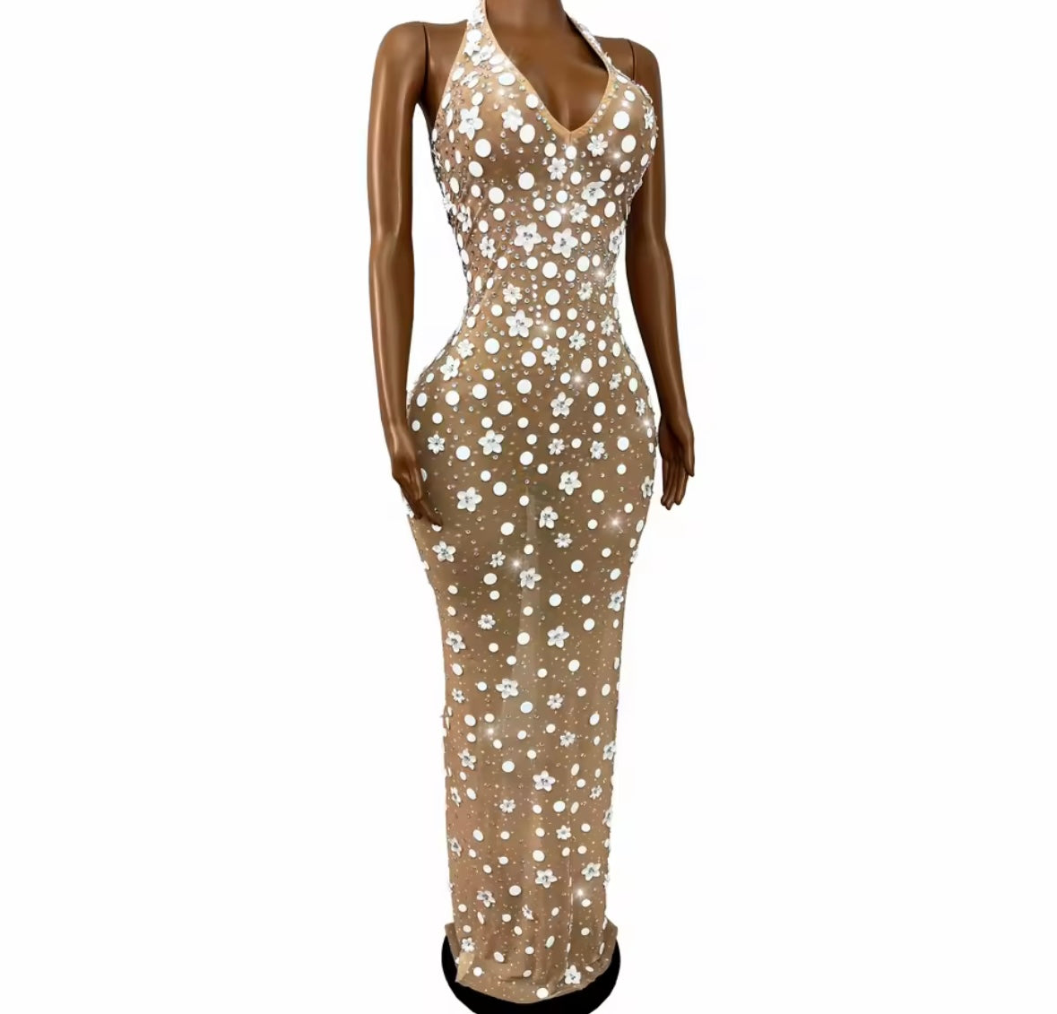 Sexy Halter Sleeveless Floral Rhinestone See Through Maxi Dress