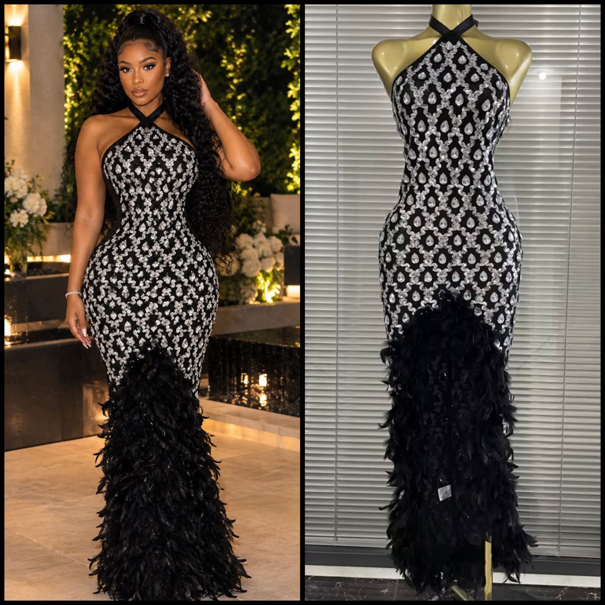 Sexy Black Halter Sleeveless Rhinestone Feather Maxi Dress
