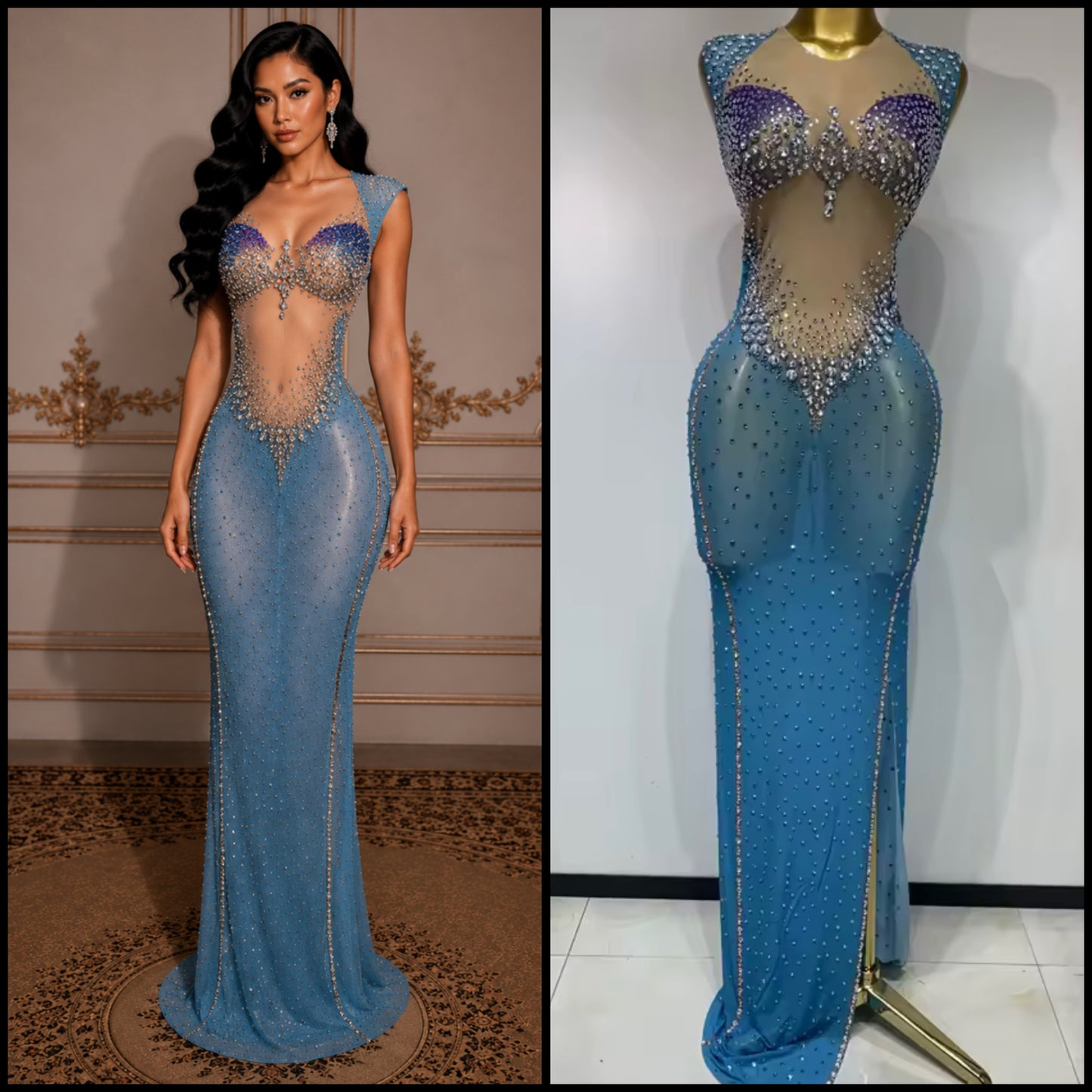 Sexy Blue Sleeveless Rhinestone Embellishment Maxi Dress