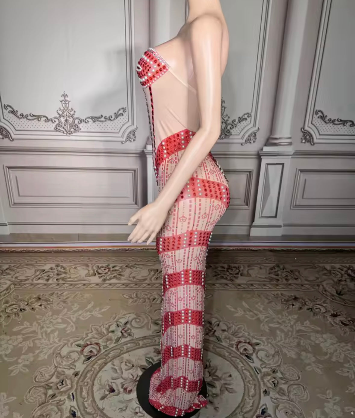 Sexy Strapless See Through Rhinestone Maxi Dress