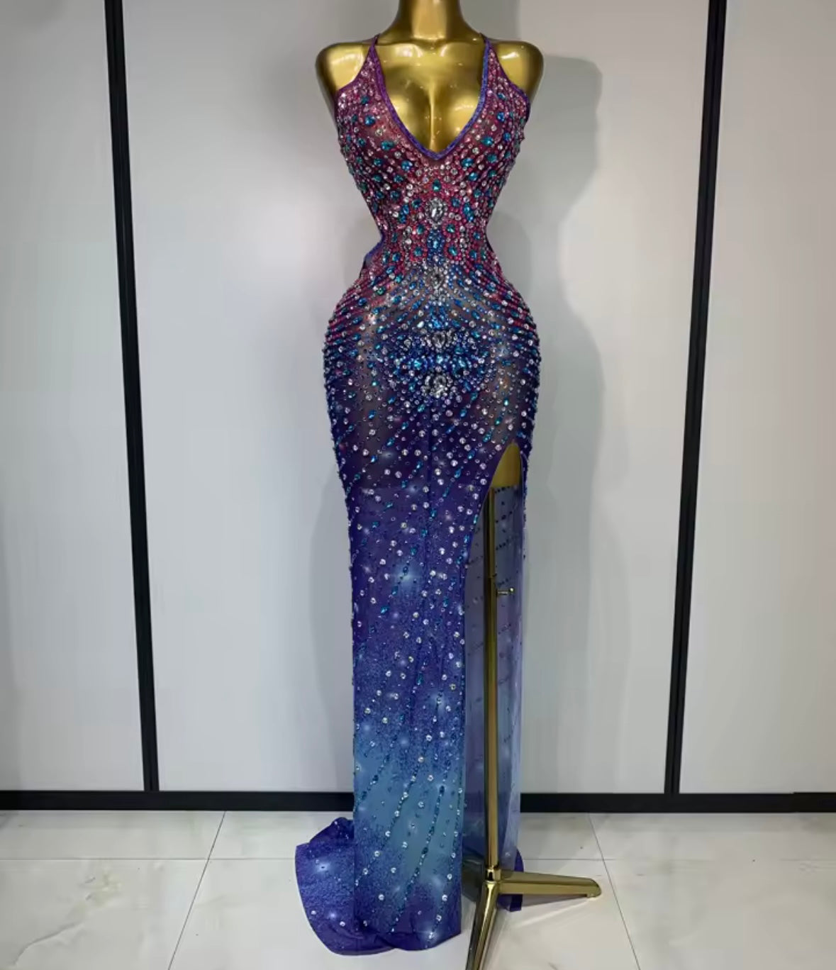 Multicolored Sexy Halter Open Back Rhinestone Side Split Maxi Dress