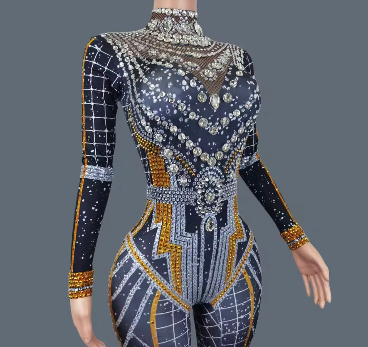 Elegant Printed Rhinestone Full Sleeve Jumpsuit