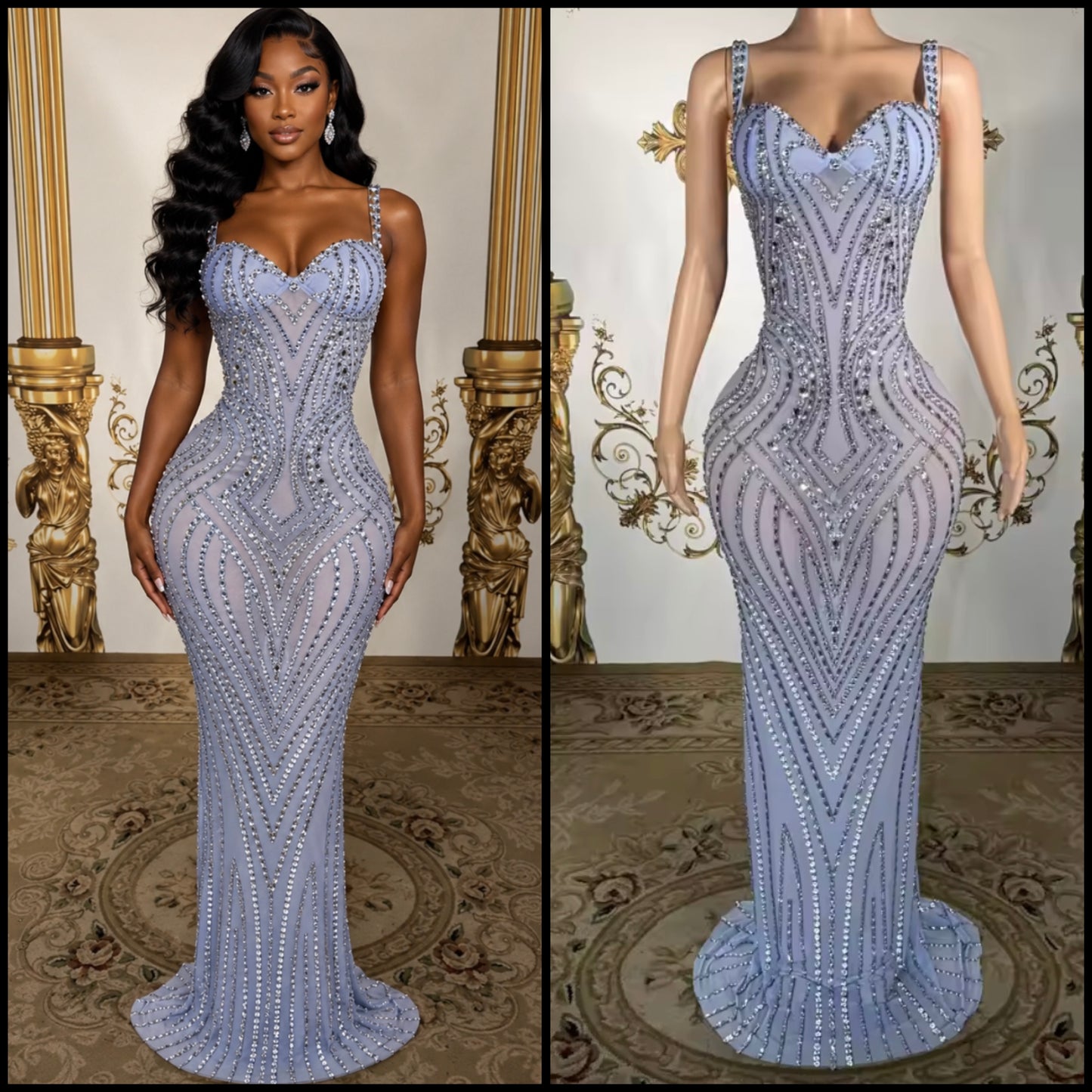 Blue Sexy Sleeveless Rhinestone Embellishment Mermaid Dress