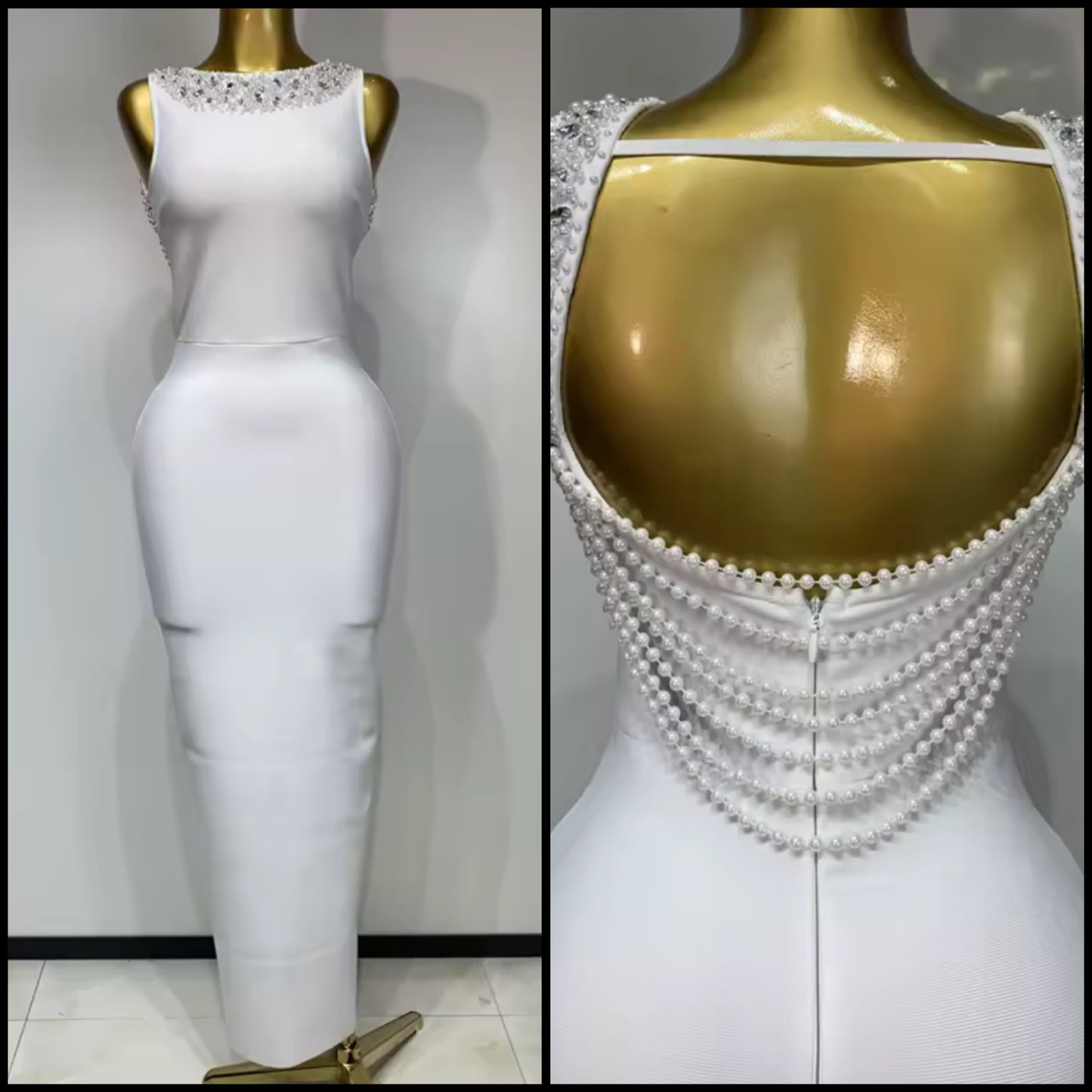 Sexy Sleeveless Rhinestone Pearl Open Back Maxi Dress