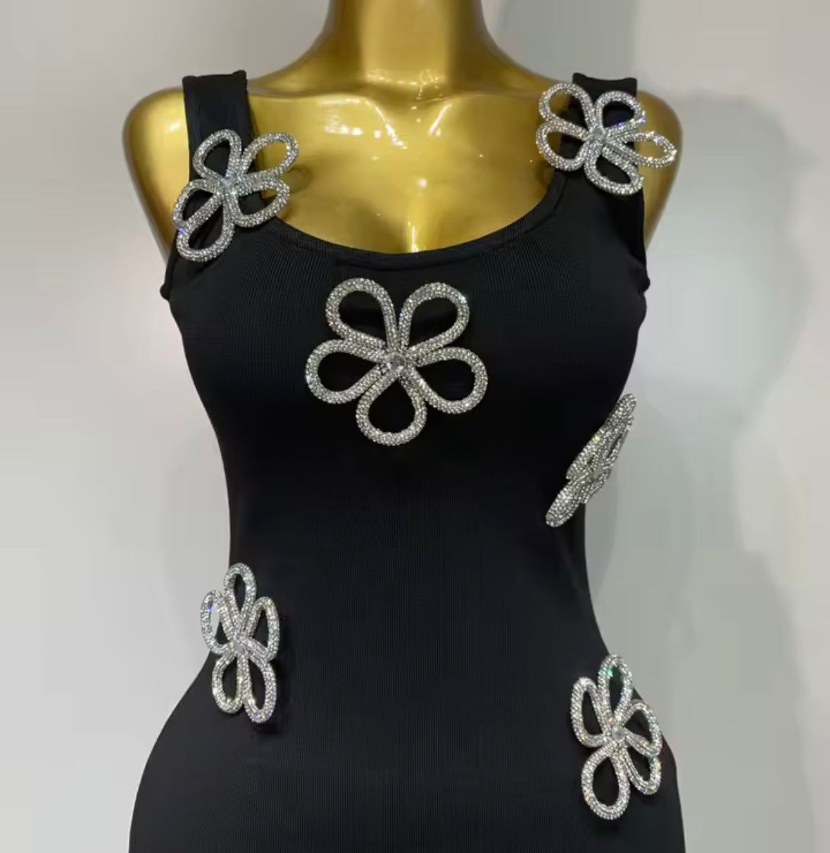 Elegant Black Sleeveless Floral Rhinestone Dress