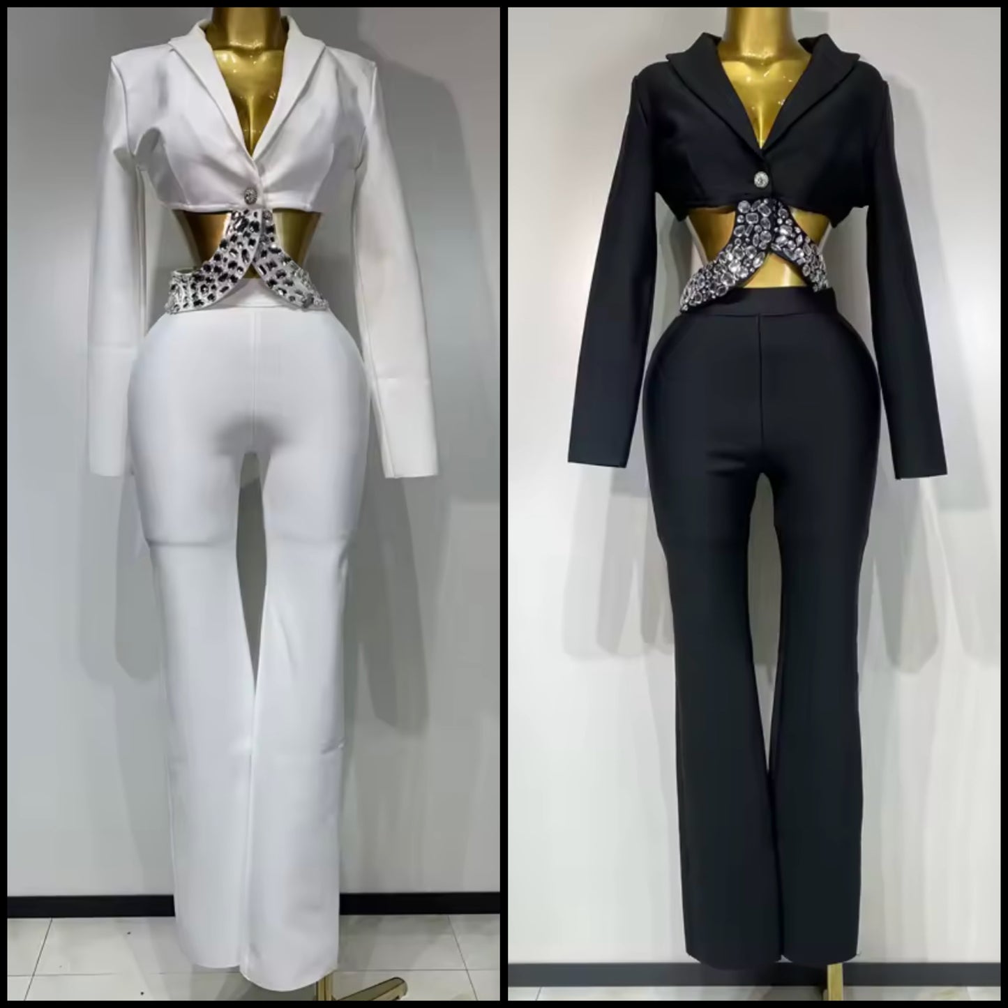 Sexy Crystal Beaded Embellished Band Blazer Two Piece Pant Set