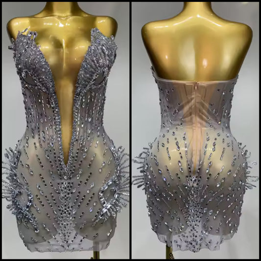 Sexy Silver Strapless Rhinestone Embellishment Dress