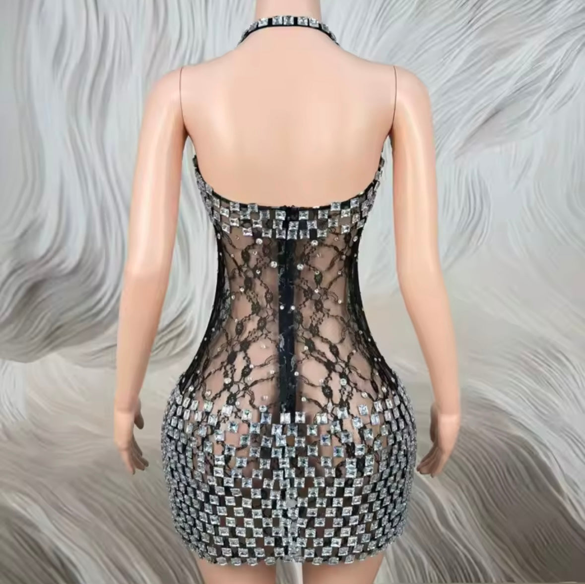 Sexy Lace Rhinestone Halter Sleeveless Dress