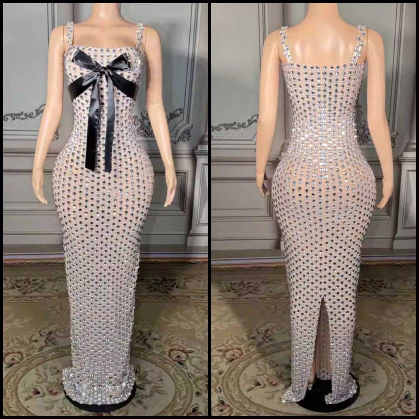 Rhinestone Sleeveless Bow Sexy Floor-Length Dress