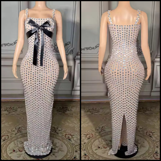 Rhinestone Sleeveless Bow Sexy Floor-Length Dress