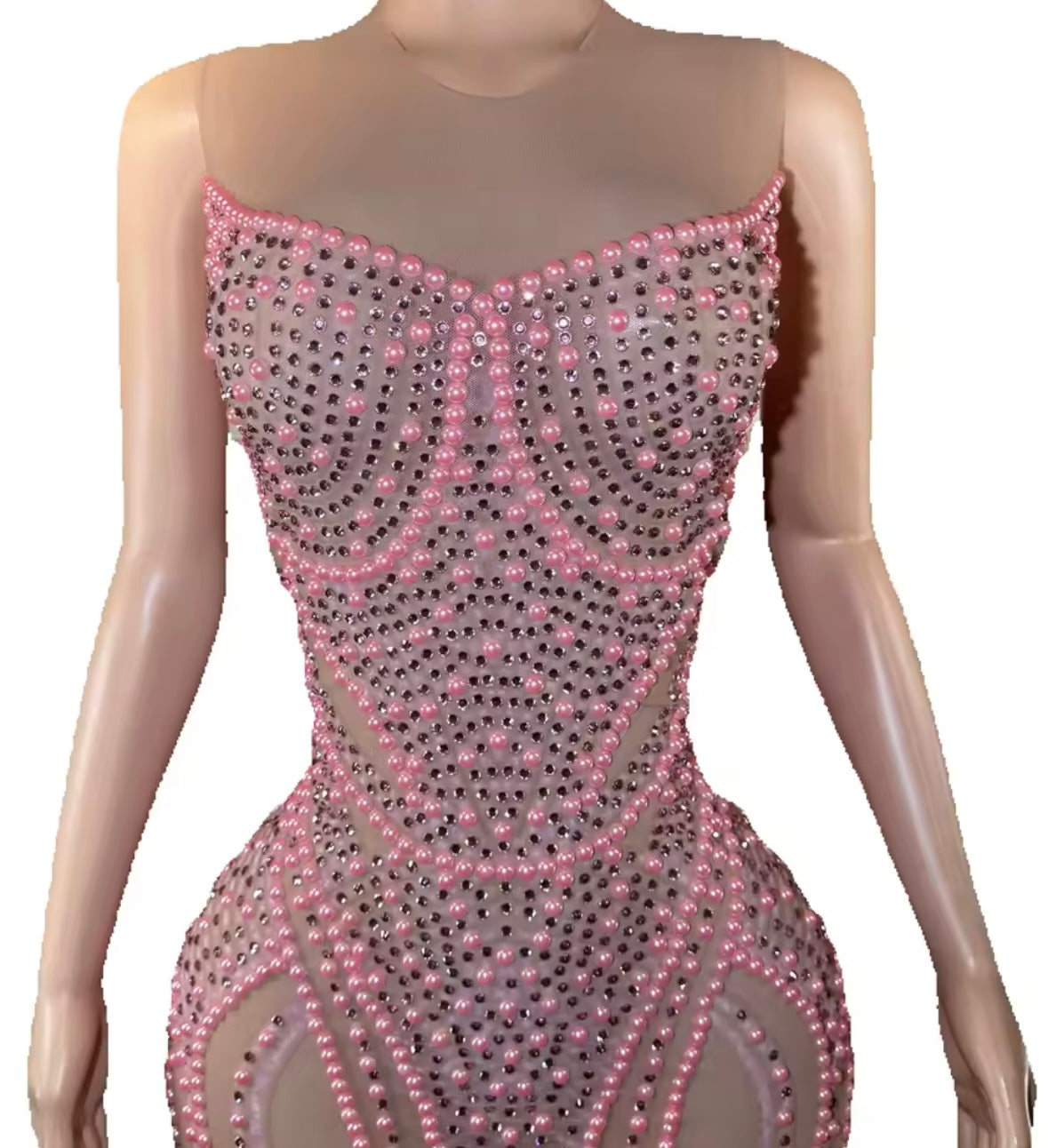 Sexy Sleeveless Pink Beaded Rhinestone Maxi Dress
