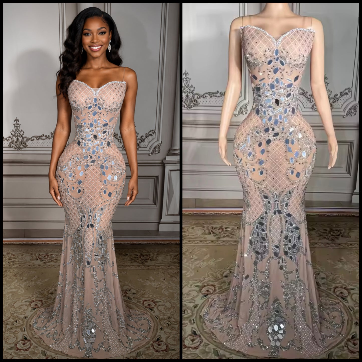 Sexy Sleeveless Mirror Rhinestone Mermaid Dress
