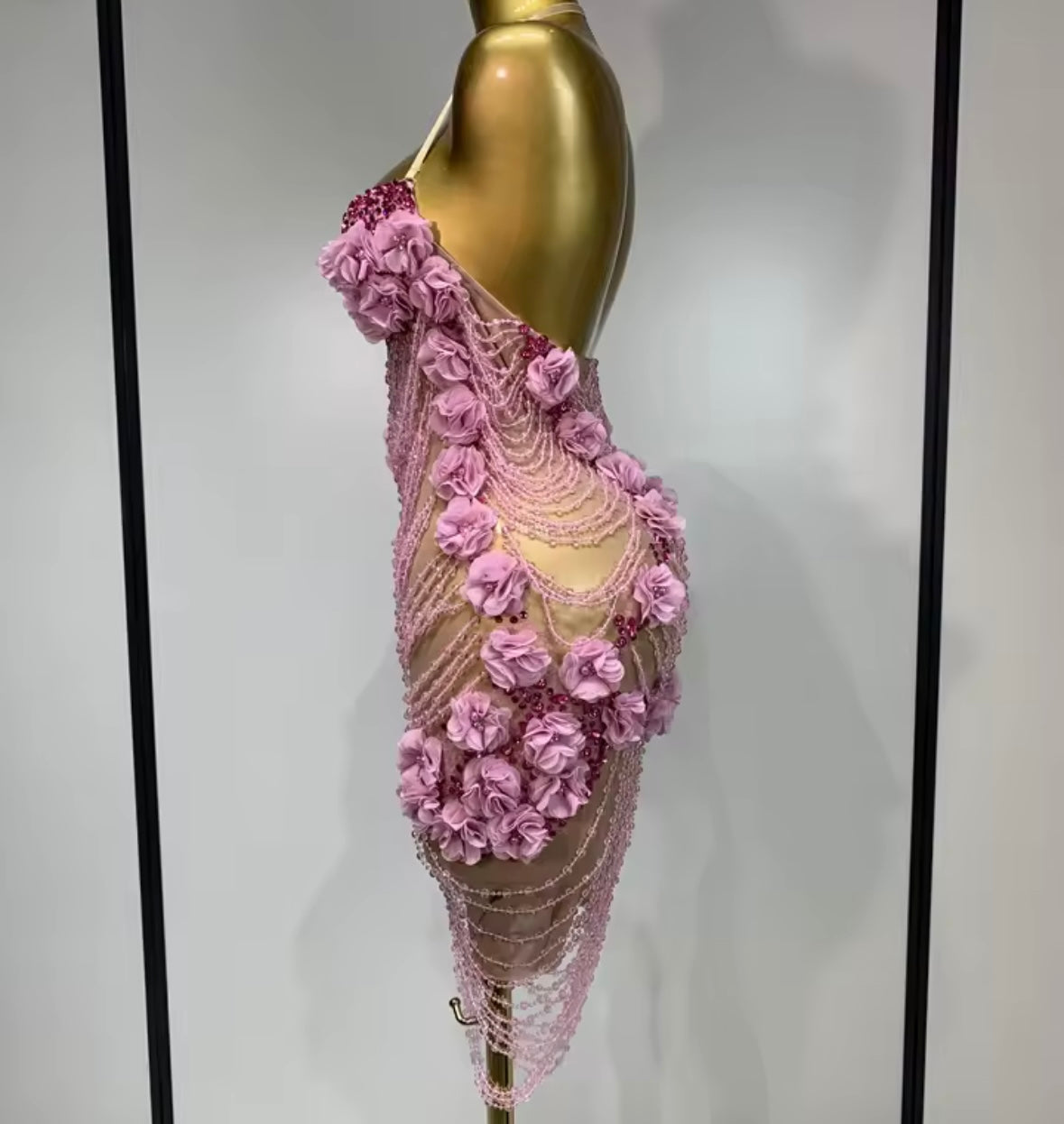 Pink Halter Sleeveless Beaded Rhinestone Sexy Dress