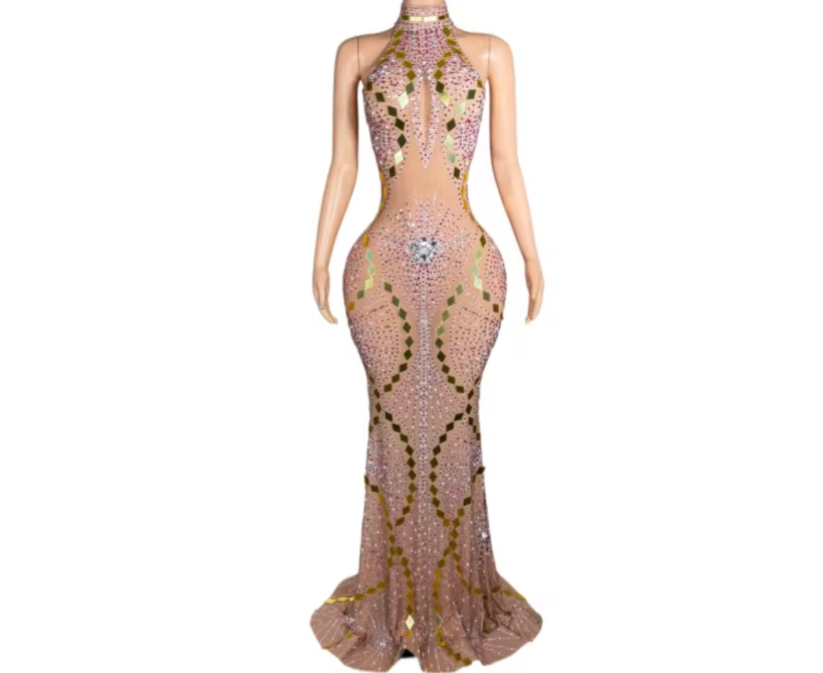 Rhinestone Embellishment Mirror Sleeveless Maxi Dress