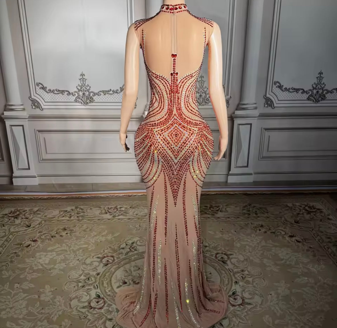 Sexy Sleeveless See Through Red Rhinestone Floor-Length Dress