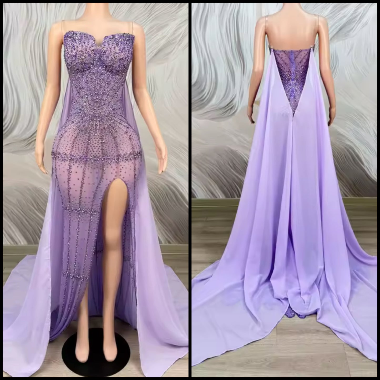 Purple Rhinestone Embellishment Side Split Mermaid Dress