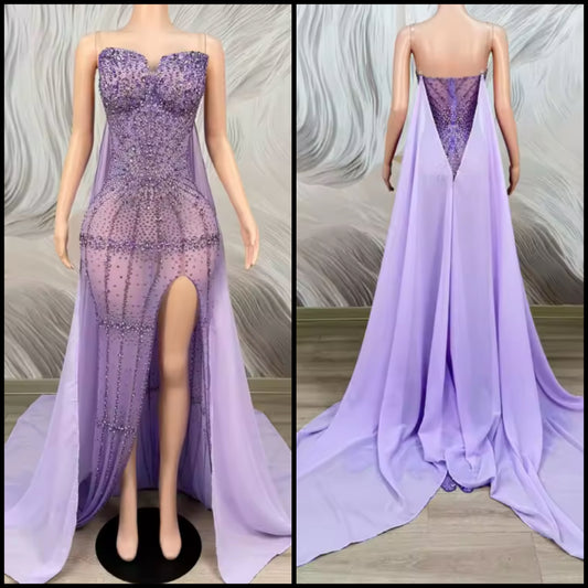 Purple Rhinestone Embellishment Side Split Mermaid Dress
