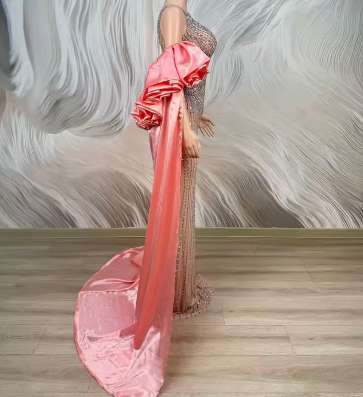 Elegant One Shoulder Sleeveless Rhinestone Maxi Dress