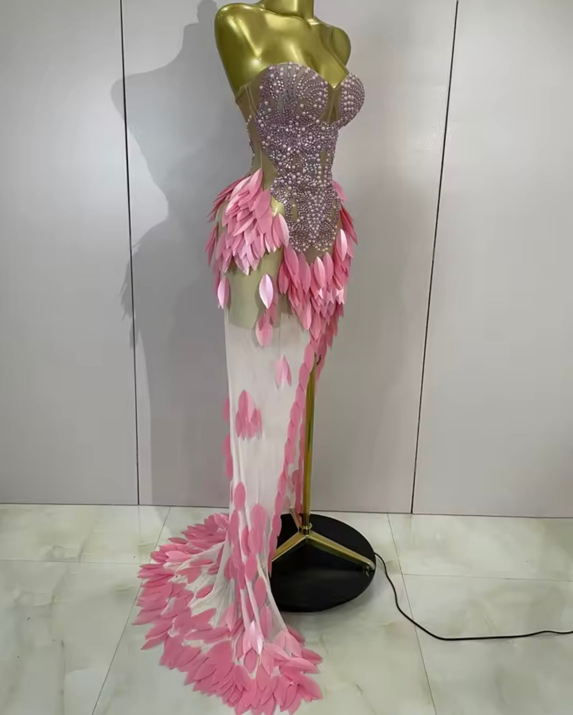 Sexy Sequins Pearl Rhinestone Strapless Side Split Maxi Dress