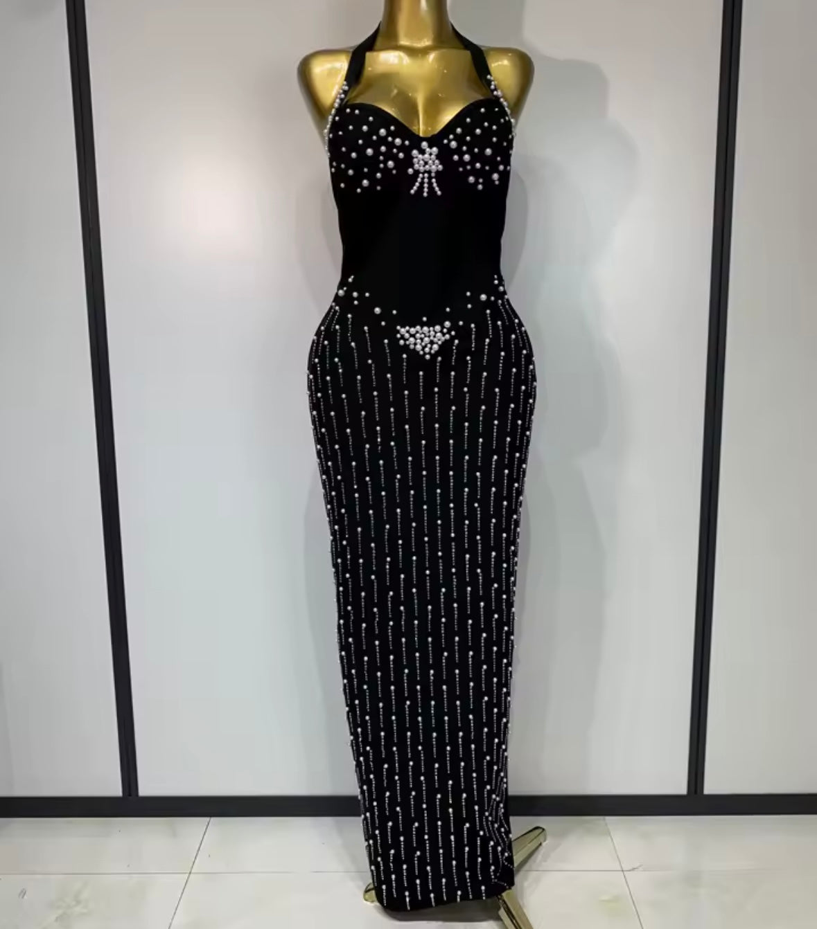 Black Halter Sleeveless Sexy Pearl Embellishment Maxi Dress