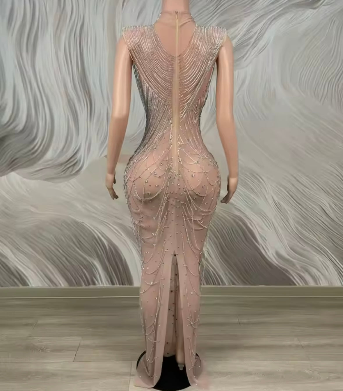 Sexy Sleeveless Rhinestone Chain See Through Maxi Dress