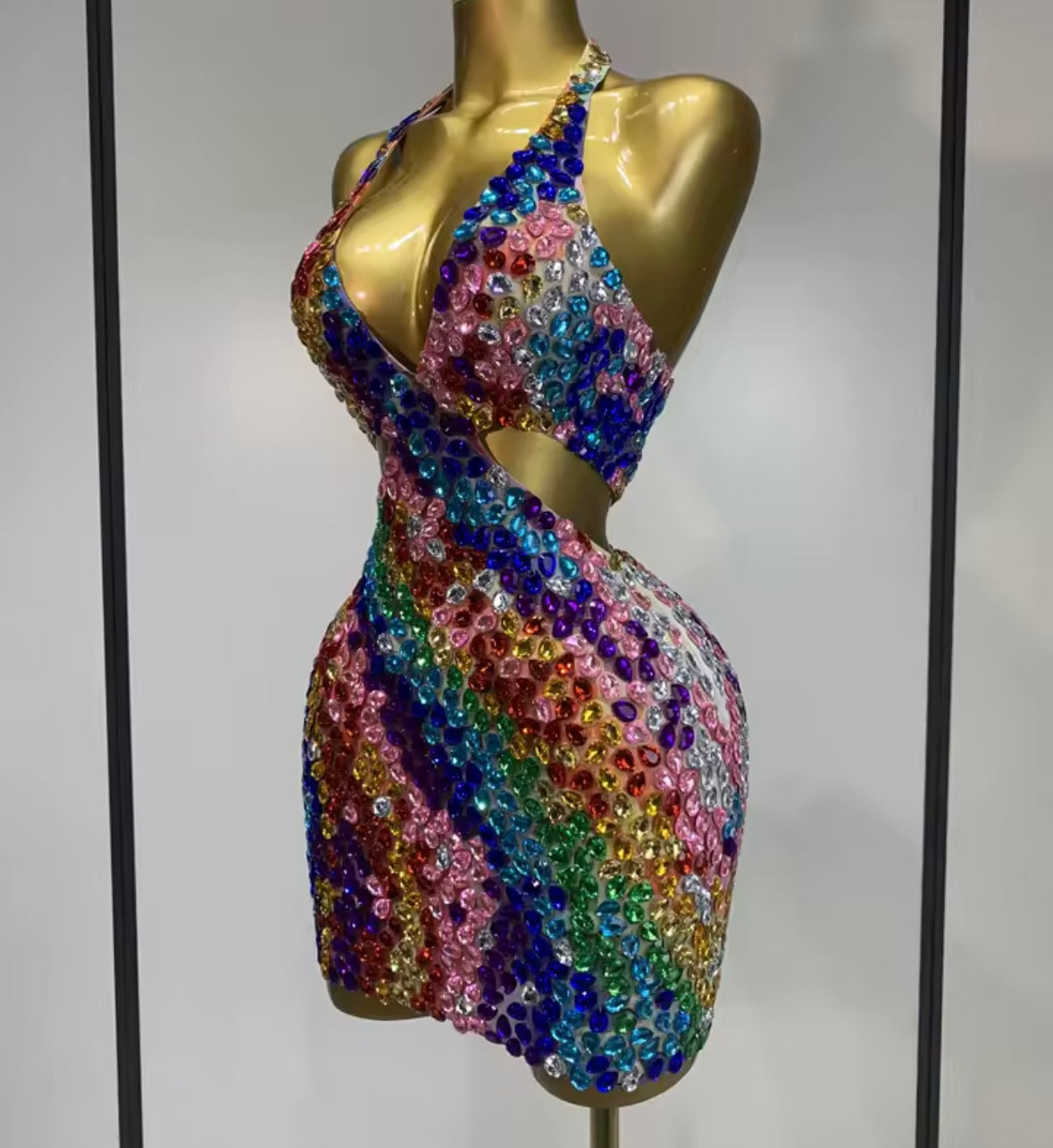 Sexy Halter Sleeveless Multicolored Rhinestone Dress
