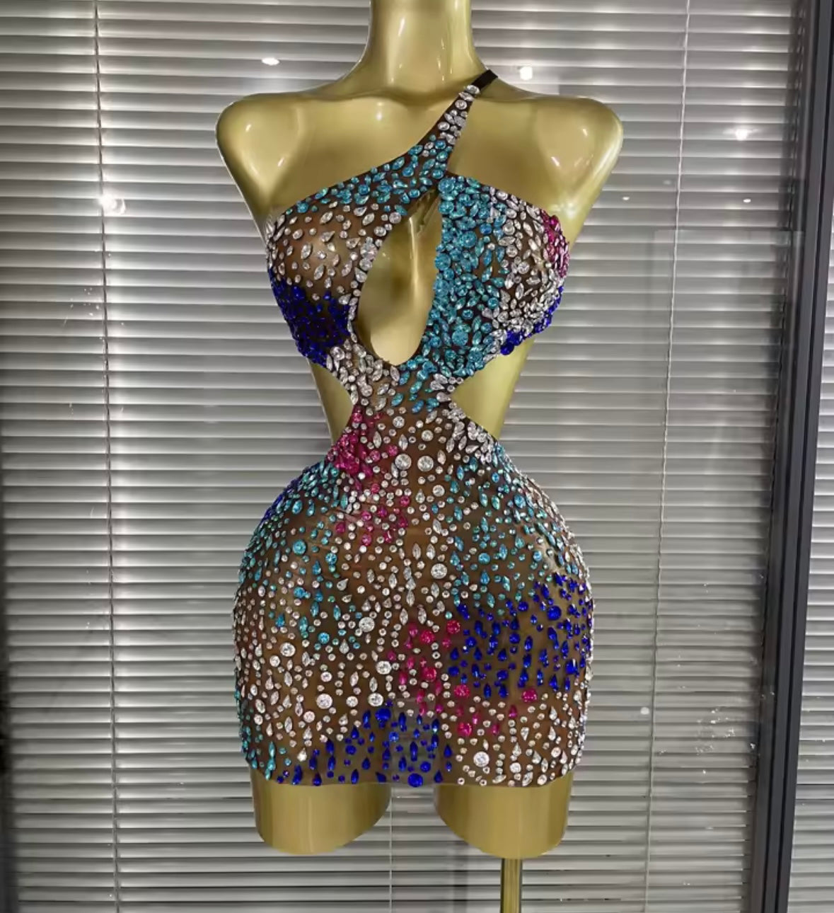Sexy Sleeveless Open Back Colorful Crystal See Through Dress