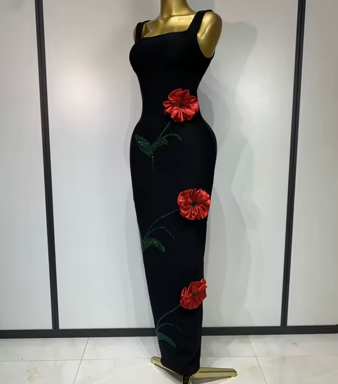 Black Sexy Sleeveless 3D Floral Rhinestone Maxi Dress