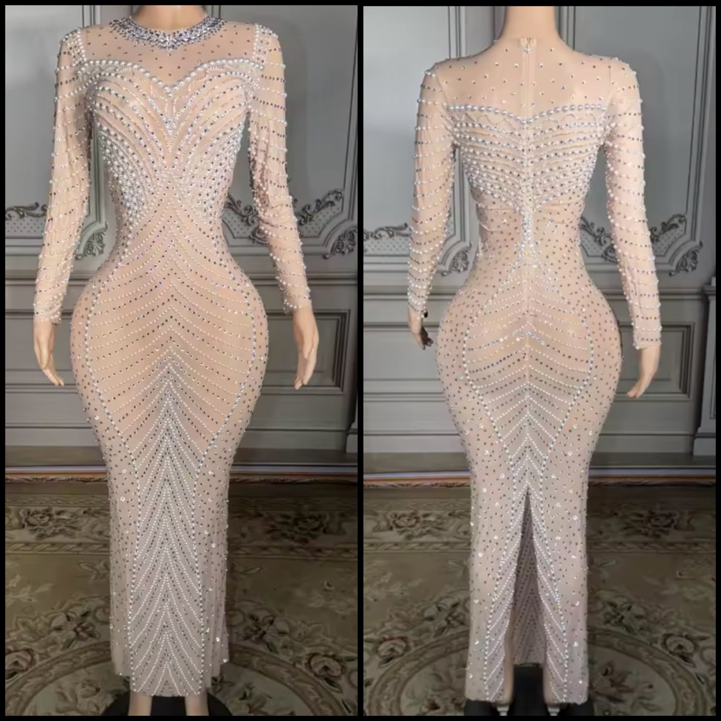 Sexy Pearl Rhinestone See Through Maxi Dress
