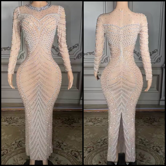 Sexy Pearl Rhinestone See Through Maxi Dress