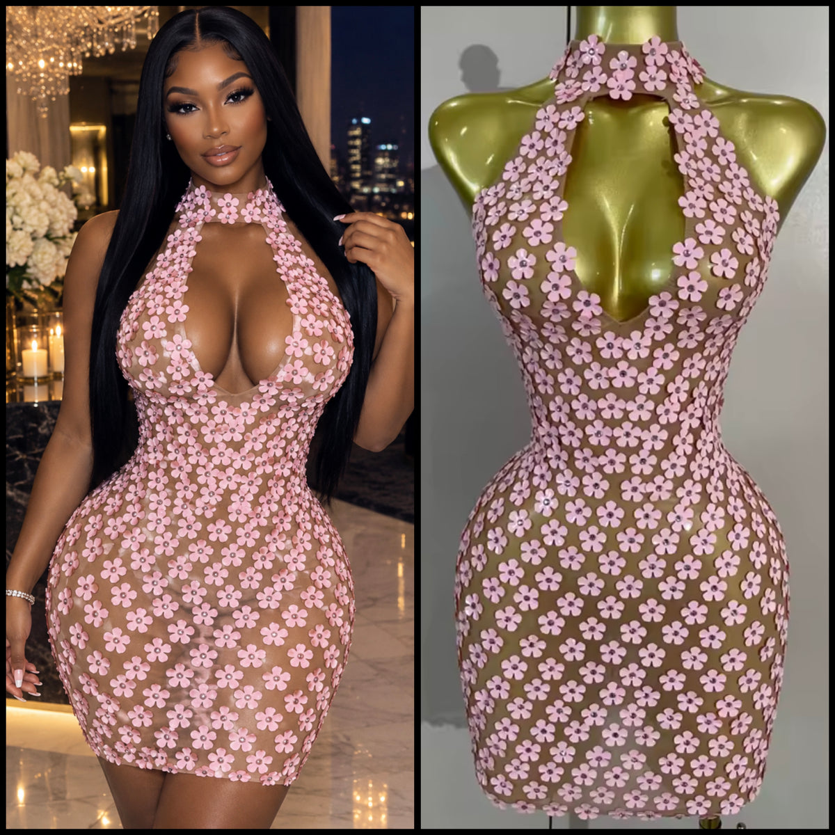 Pink Halter Sleeveless Floral See Through Sexy Dress