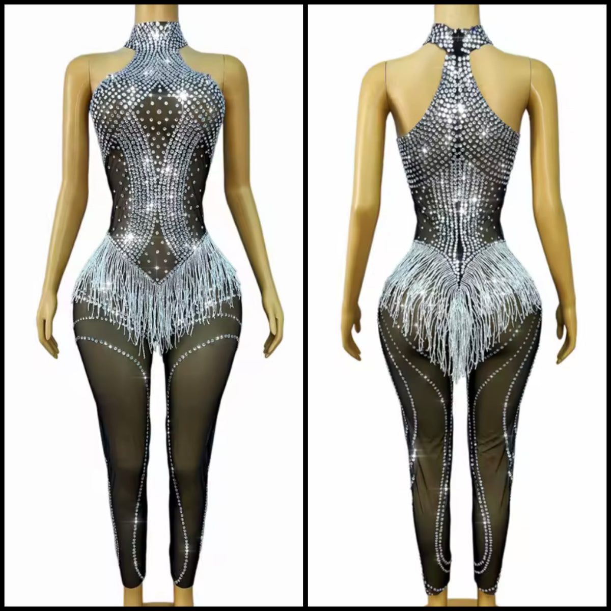 Sexy Black Sleeveless Rhinestone Fringe Tassel Jumpsuit