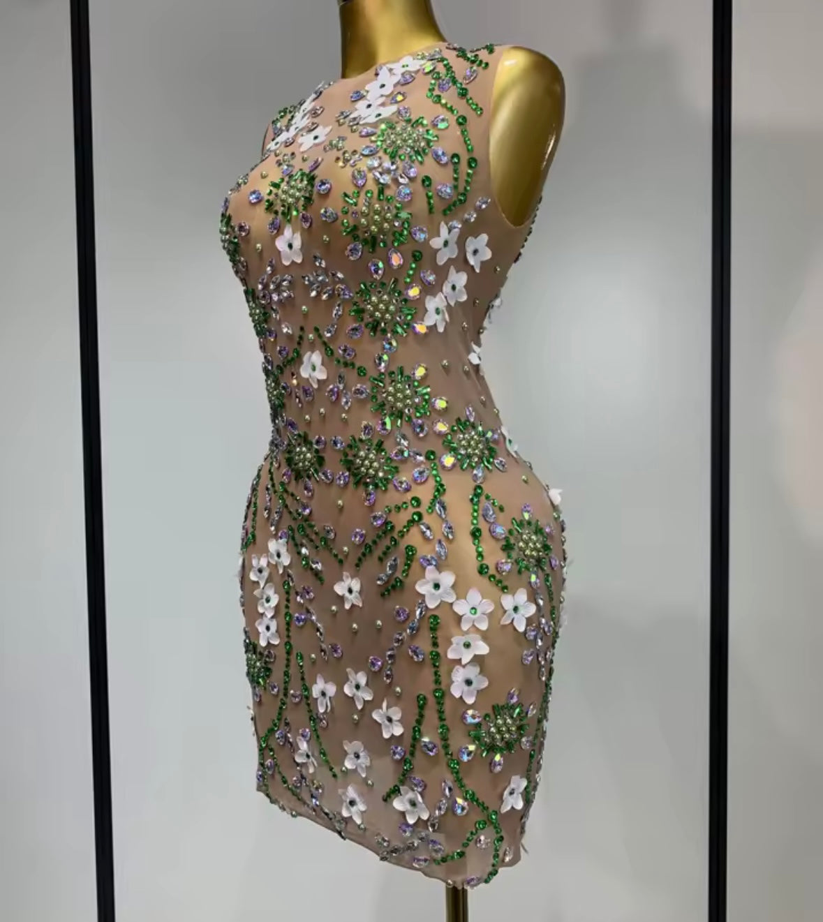 Sexy See Through Sleeveless Floral Rhinestone Dress