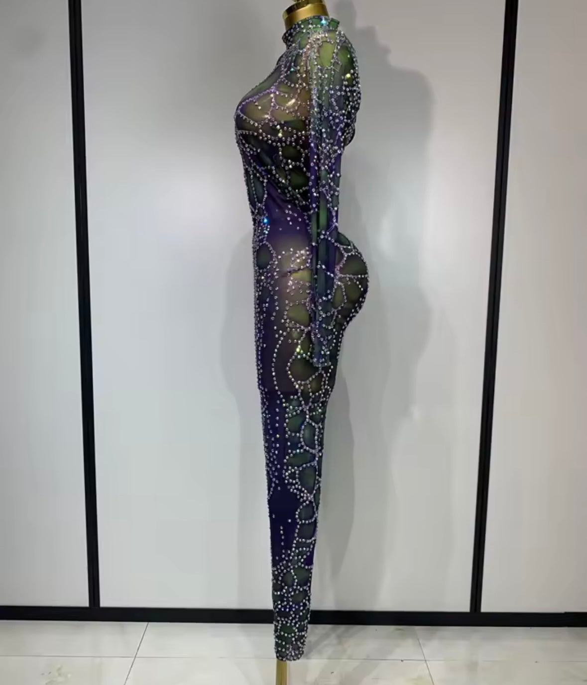 Sexy Color Rhinestone Mesh Full Sleeve Jumpsuit