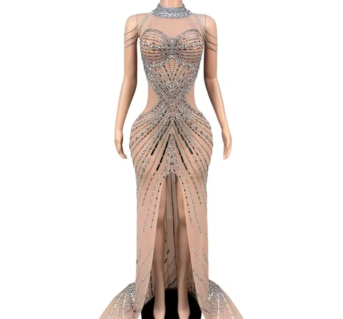 Sexy Sleeveless Chain Rhinestone Front Split Floor-Length Dress