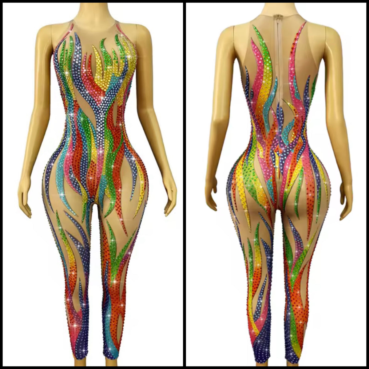 Sexy Sleeveless Multicolored Print Rhinestone See Through Jumpsuit