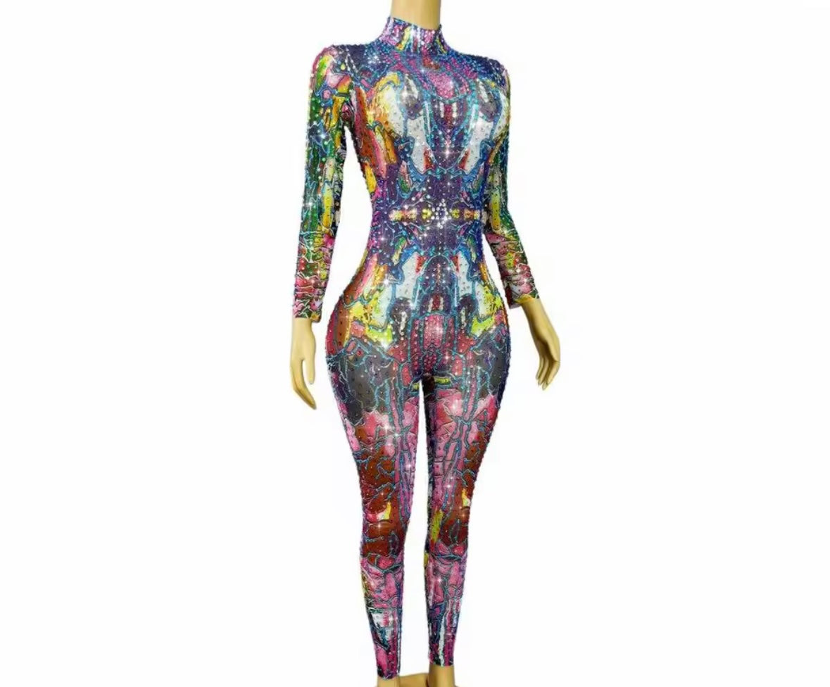 Multicolored Rhinestone Full Sleeve Jumpsuit