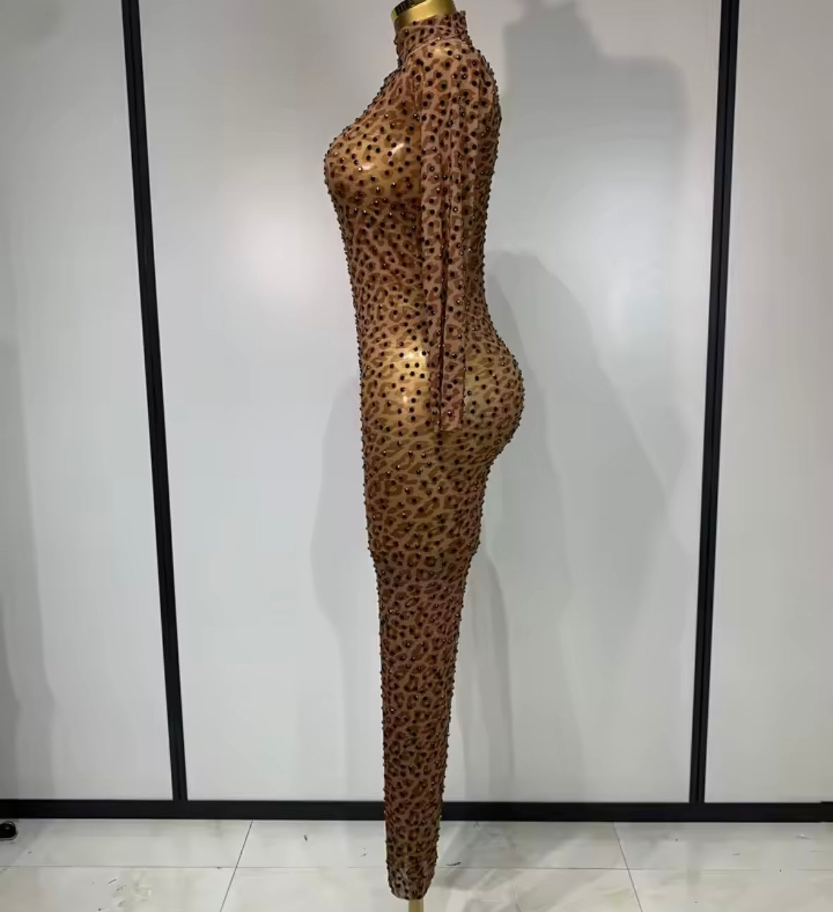 Sexy See Through Leopard Rhinestone Full Sleeve Jumpsuit