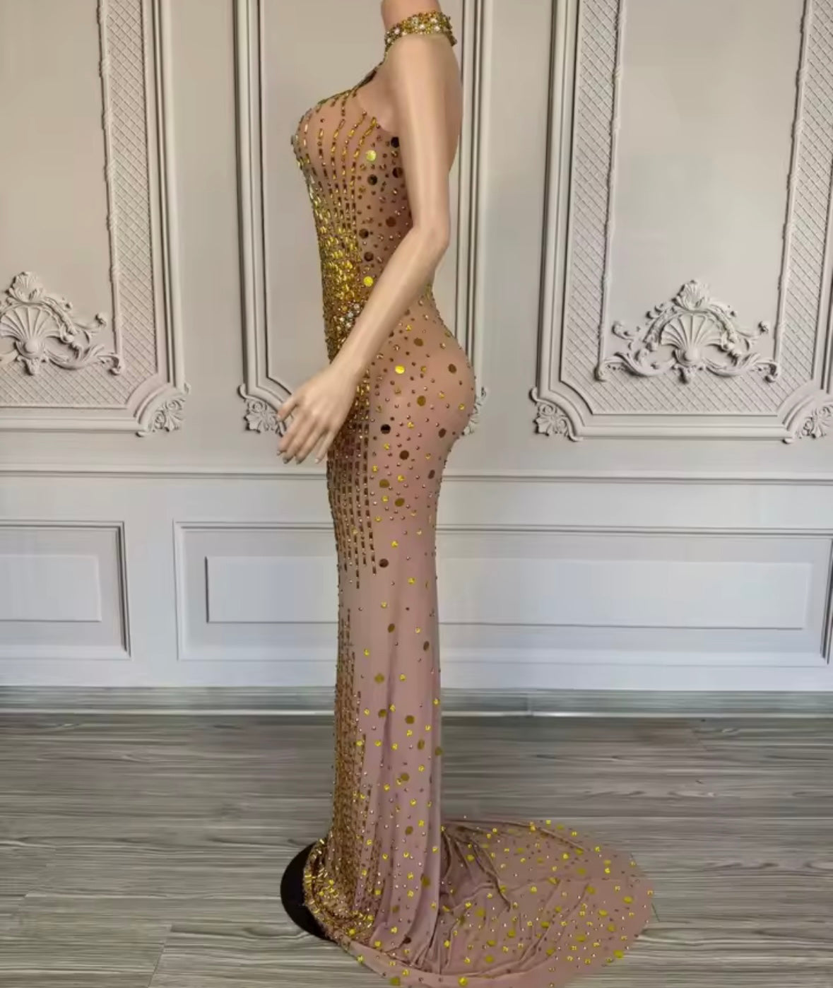 Sexy Halter Sleeveless Rhinestone Embellishment Side Split Maxi Dress