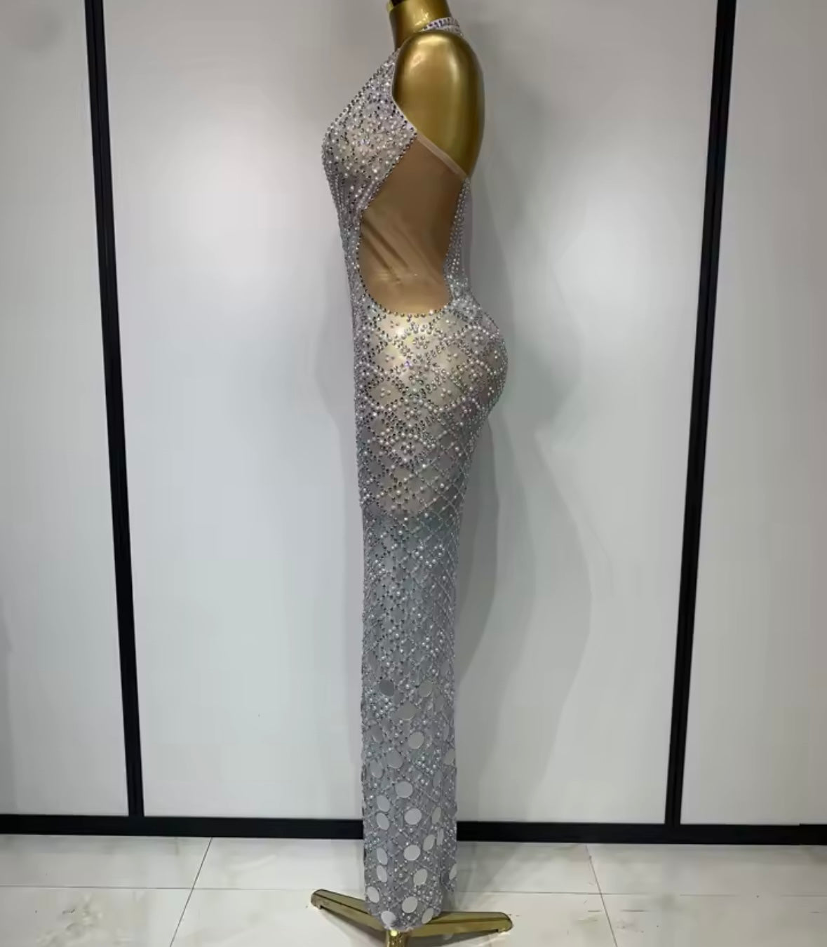 Sexy Sleeveless Beaded Rhinestone Silver Dress