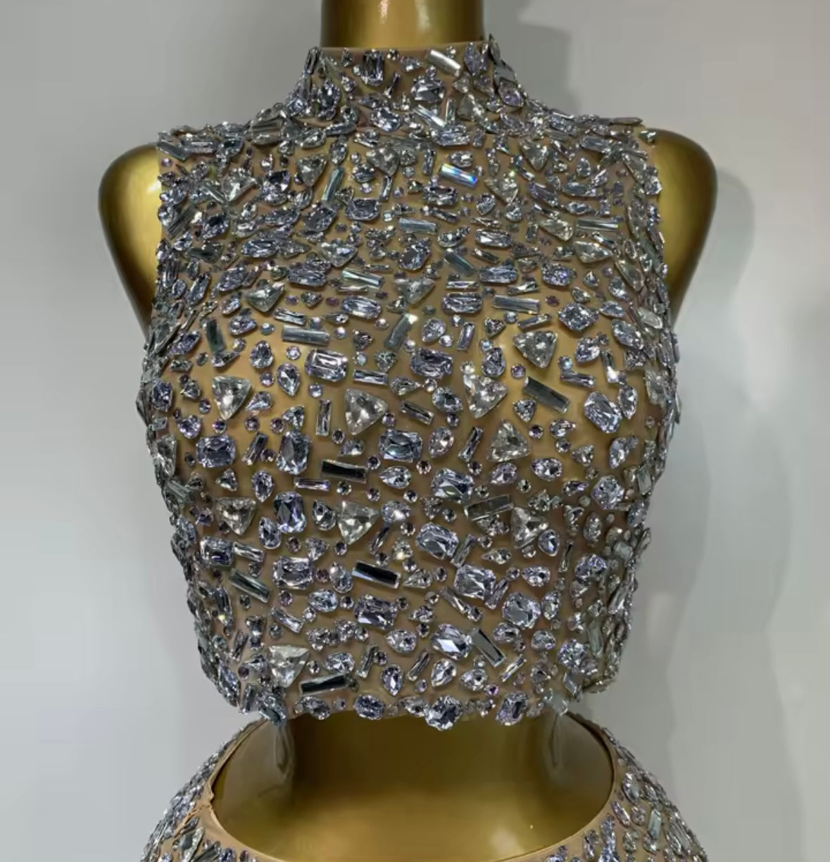Sexy Sleeveless Chain Open Back Rhinestone Skirt Set